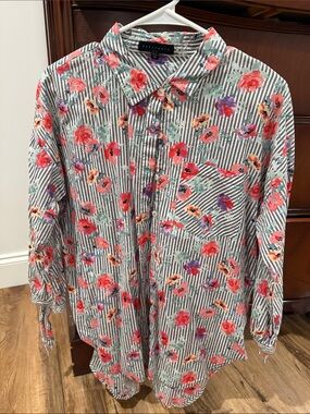 Sanctuary Coral Floral Striped Button-Down Shirt